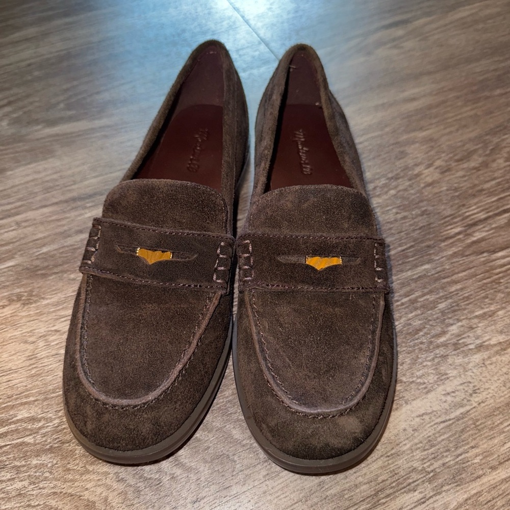 Madewell Brown Suede Loafers with Gold Accent